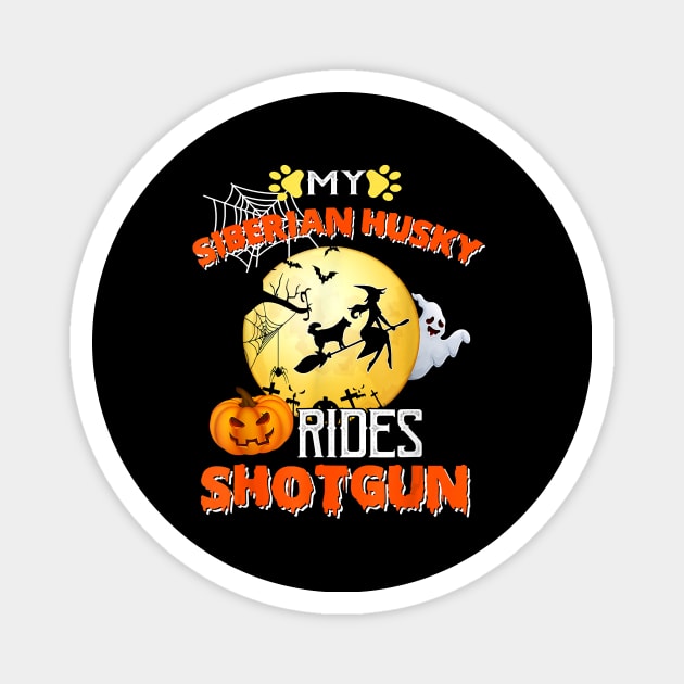 My Siberian Husky Rides Shotgun Halloween Dog Magnet by JaydeMargulies